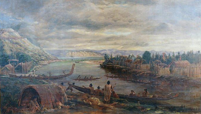 1904 painting showing Cook's landing at the mouth of the Tūranganui River in 1769.