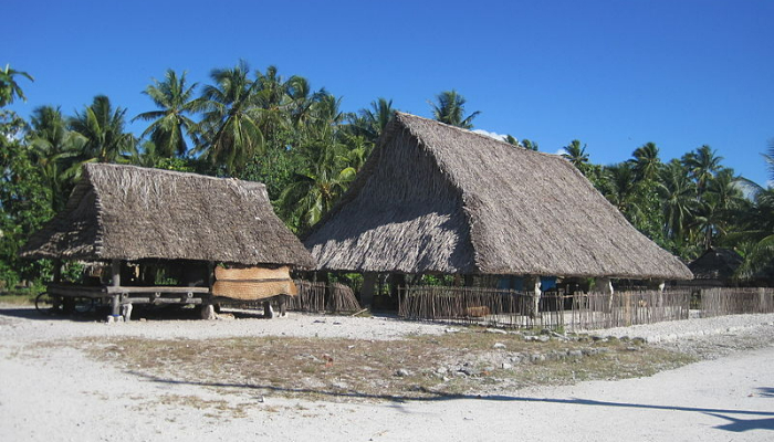 Colour photo of a Maneaba (meeting house) with palm trees in the background.