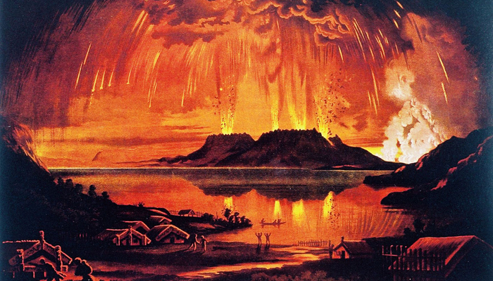 Colour painting of Mount Tarawera erupting.