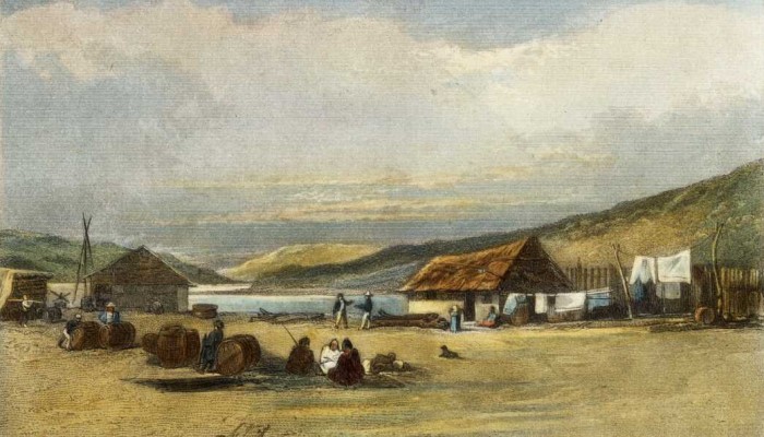 1840s illustration showing Thoms whaling station. Māori and Pākehā and doing different activities close to the water's edge.