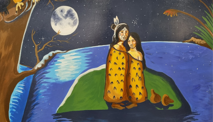 Colour photo of a mural at Rotorua Library. It shows Hinemoa and Tūtānekai standing on an island in the middle of a lake.