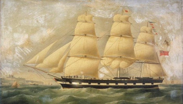 Colour illustration of a European ship flying the Red Ensign.
