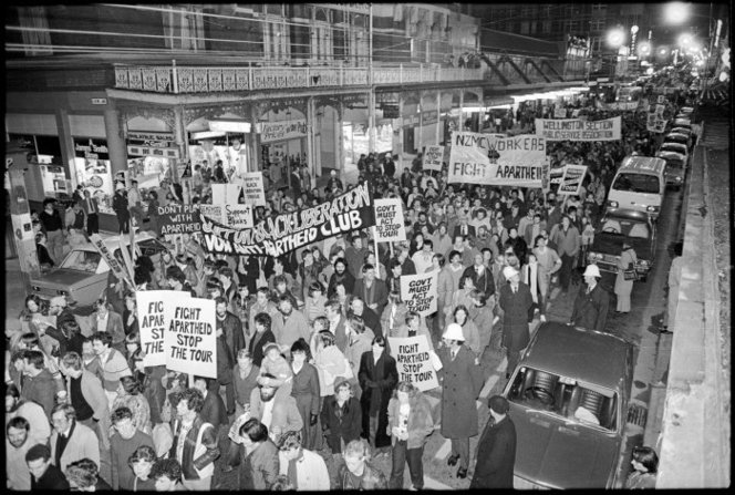 Image: Anti-Springbok tour demonstration, Willis St, Wellington (https://natlib.govt.nz/records/23181718) by Evening Post. Collection: Alexander Turnbull Library.