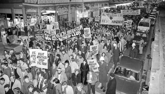 Image: Anti-Springbok tour demonstration, Willis St, Wellington (https://natlib.govt.nz/records/23181718) by Evening Post. Collection: Alexander Turnbull Library.
