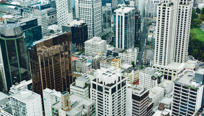 2016 colour photo of an aerial view of the Auckland central business district.