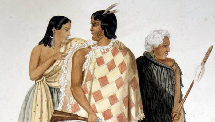 Watercolour painting of Hōne Heke with his wife Hariata and uncle Kawiti.