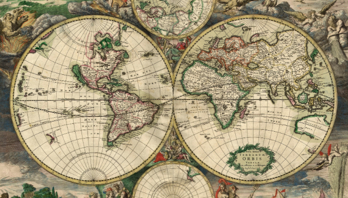 Colour photo of a 1689 world map made in Amsterdam. It shows 2 spheres showing the different continents known at the time. 