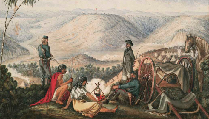 Watercolour of Von Tempsky with Isaac Earl Featherston, Te Mahuki and Lucy Takiora Lord on a hill overlooking an encampment with troops.