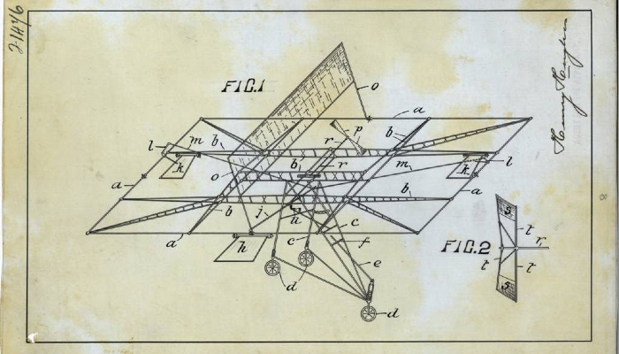 Technical drawing of an experimental aircraft by aviation pioneer Richard Pearse, showing letters labelling each of its parts.