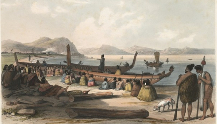 Colour illustration of a rangatira (chief) standing in a waka (canoe) on the beach while speaking to a group of toa (warriors) with their weapons.