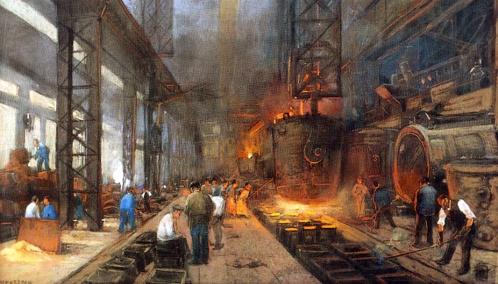 Photo of an 1890 painting. It shows men working in a foundary (a factory where metal is melted and poured into moulds).