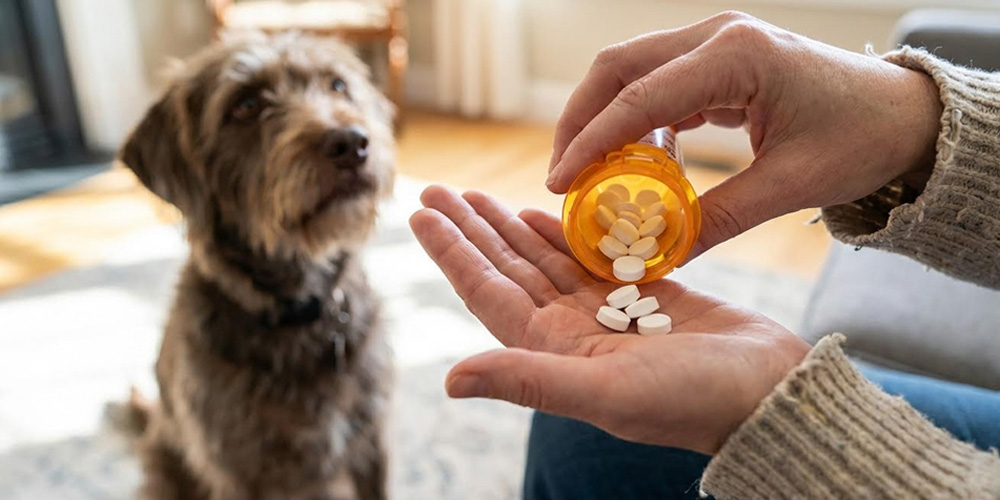 Woman handling pills with dog observing