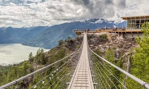 Rope bridge looking out over the Howe Sound in British Columbia, Canada