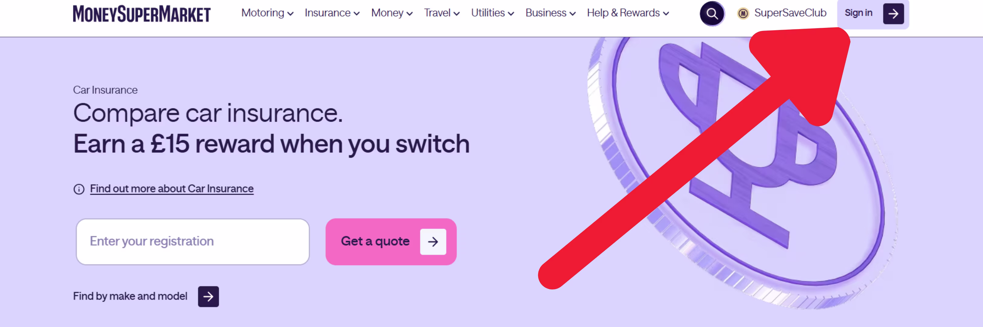 MoneySuperMarket Homepage with Arrow pointing to sign in 