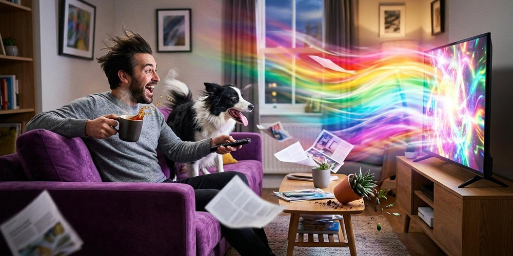 Man and dog watching television