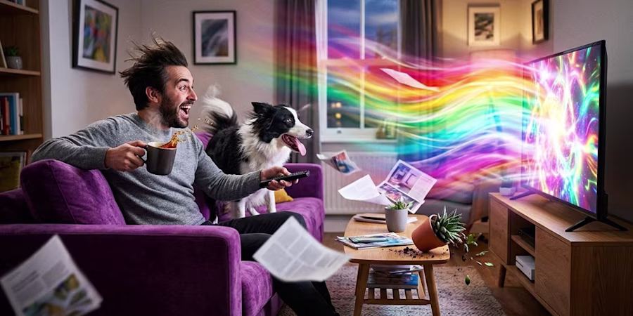 Man and dog watching television