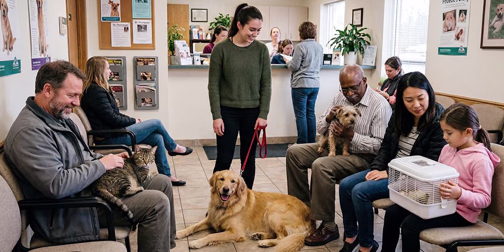 Vet waiting room full of owners and pets