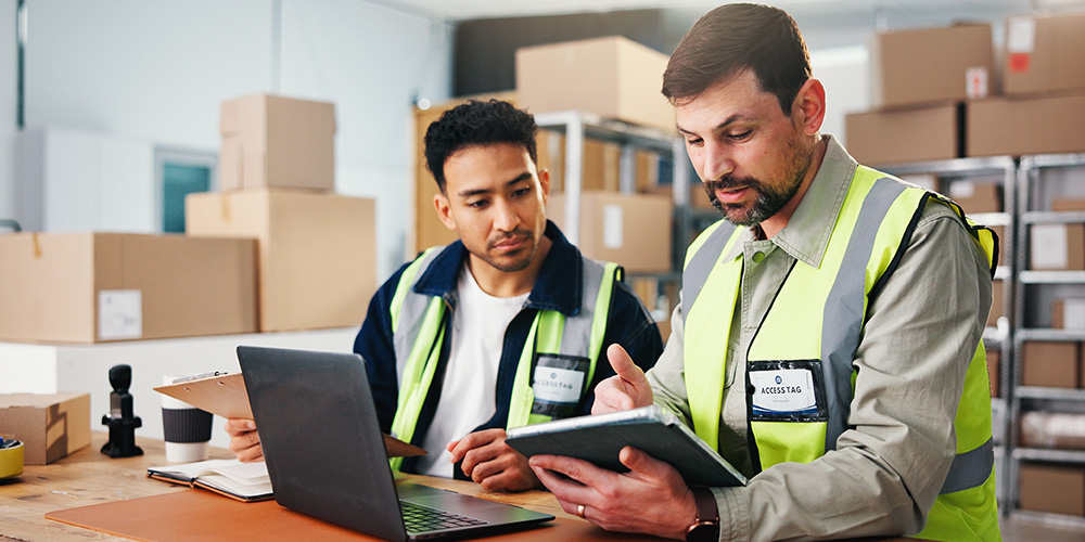 Two logistics business employees using a laptop and tablet