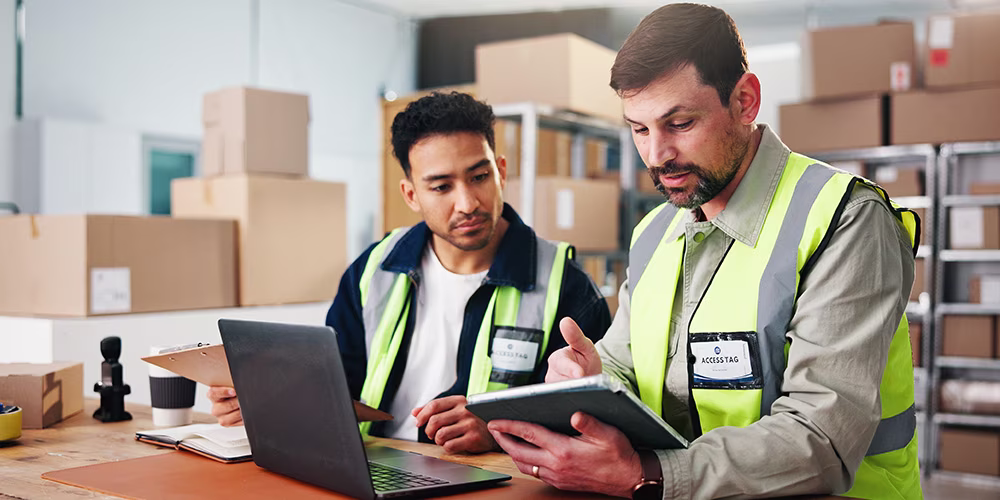 Two logistics business employees using a laptop and tablet