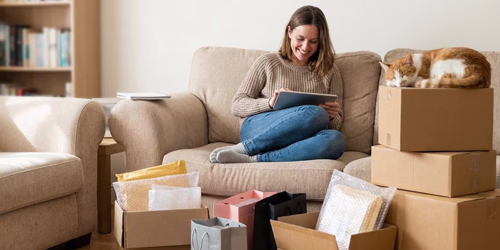 woman looking happy shopping online with tablet