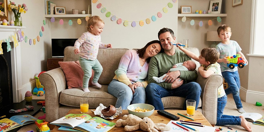 parents at Easter party exhausted while children play