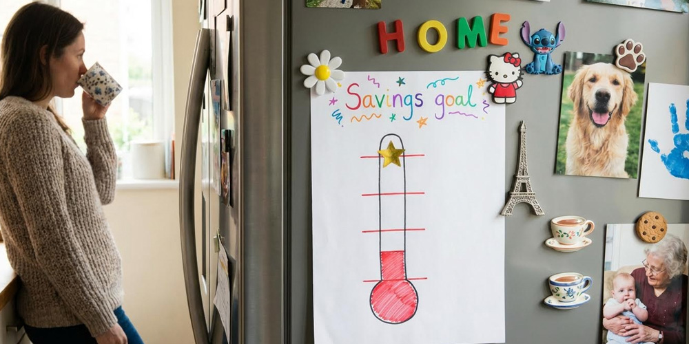 Drawing of thermometer labelled 'Savings goal' attached to fridge