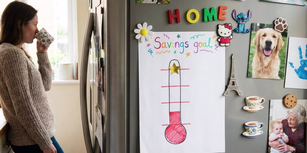 Drawing of thermometer labelled 'Savings goal' attached to fridge