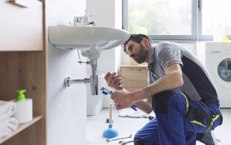 Tradesman fixes pipes 