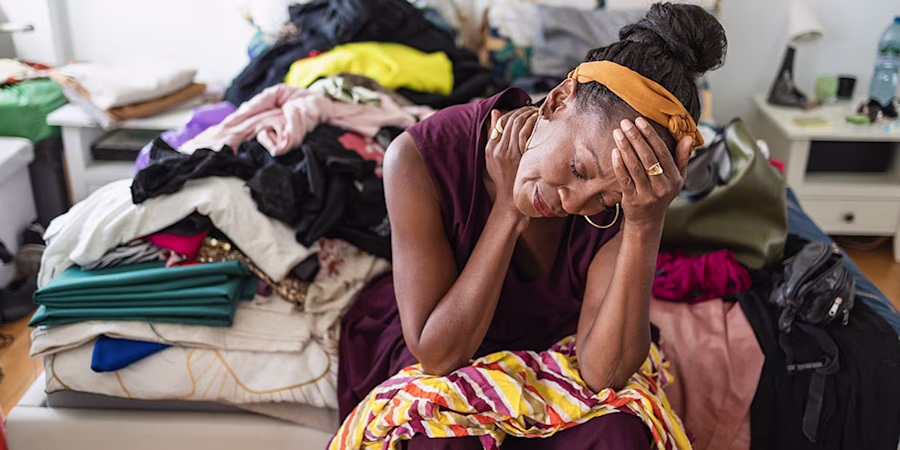 A distressed woman surrounded by piles of clothes and clutter