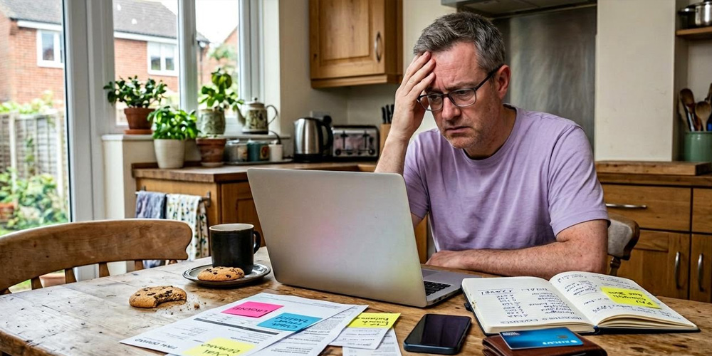 man on laptop overwhelmed with budget planning