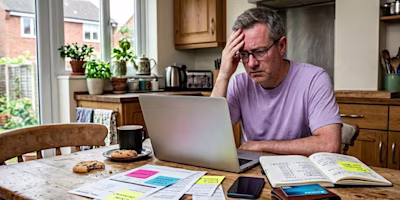 man on laptop overwhelmed with budget planning
