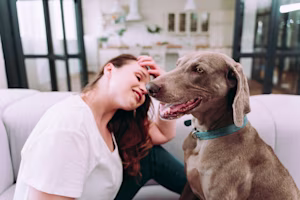 Female owner with dog on sofa
