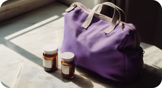 medical treatments next to travel bag 