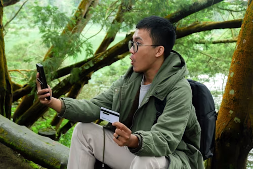 man with credit card sat in a tree