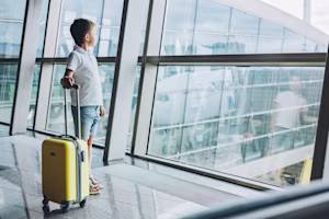 Child at airport with suitcase
