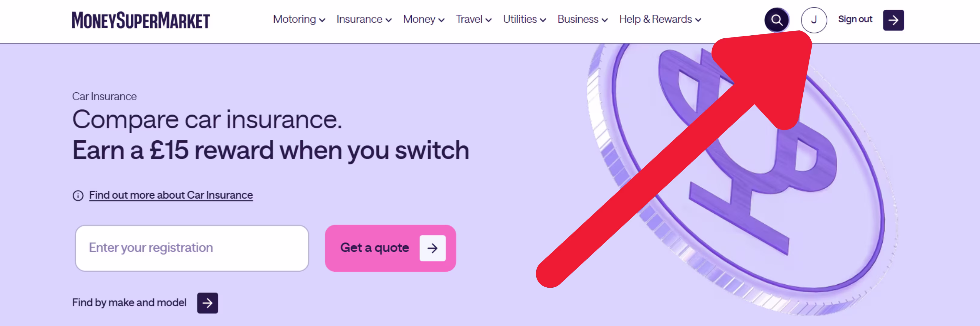 MoneySuperMarket Homepage with Arrow pointing to policy hub