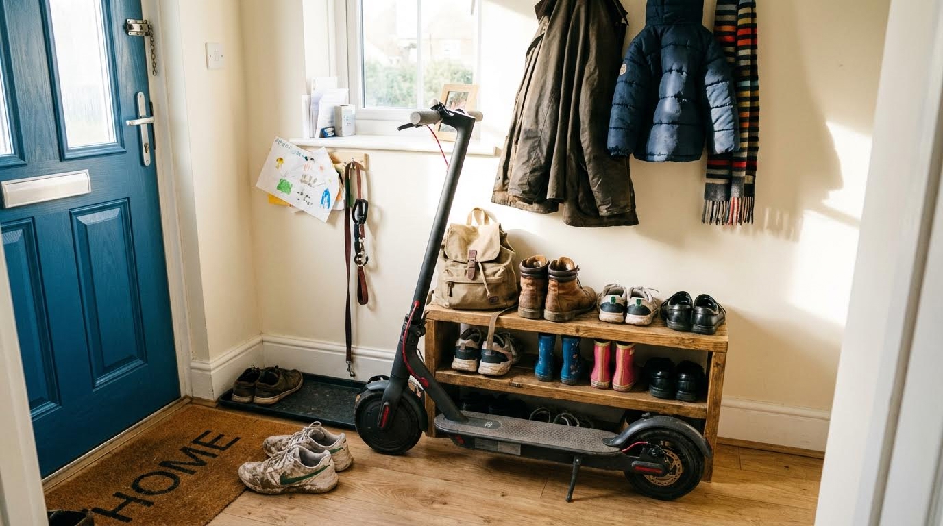 Electric scooter in home entryway next to shoes and coats