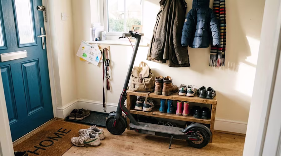 Electric scooter in home entryway next to shoes and coats