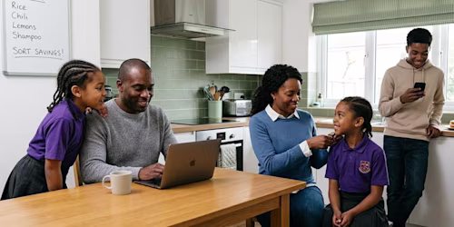 family together in kitchen