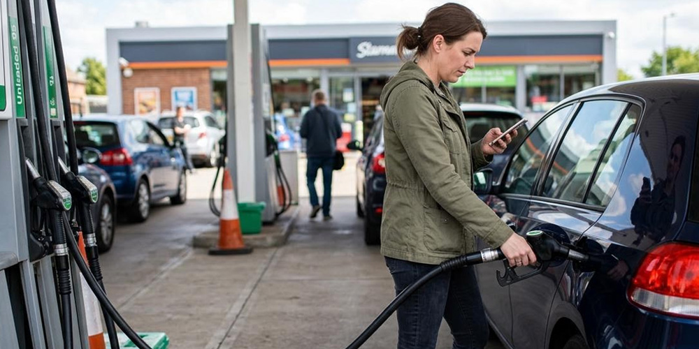 woman looking at her phone while fuelling her vehicle