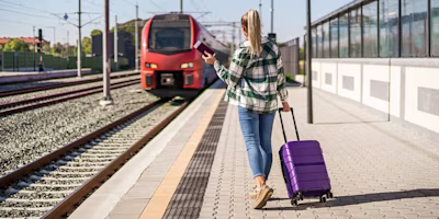 woman on train platform with suitcase