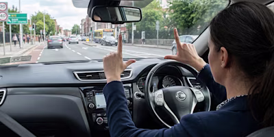 female driver holding hands out in front of her in 'L' formations