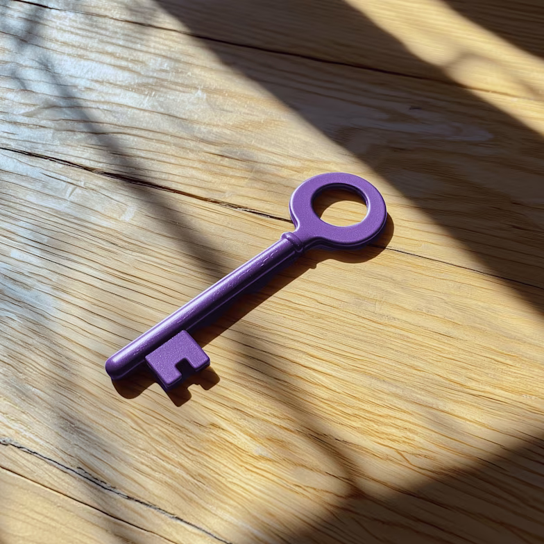 A purple key on a wooden table