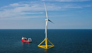 Case TetraSpar Credit 'TetraSpar Demonstrator ApS' - supported by 6 pieces of 60 m long Dynamica Keel Lines sheathed with Dyneema®, complete with Dynacote protected connection points.