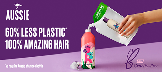An image of Aussie refill bottle and an information: '60% less plastic, 100% amazing hair', PETA logo in the corner
