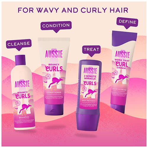 Infographic: FOR WAVY AND CURLY HAIR - SHAMPOO - CLEANSE; CONDITIONER - CONDITION; DEEP TREATMENT - TREAT; LEAVE-IN CREAM - DEFINE