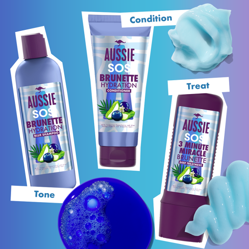 3 products of Aussie - Aussie SOS Brunette Hair Hydration Blue Shampoo, Brunette Hydration Conditioner, 3 Minute Miracle Brunette Deep Treatment 