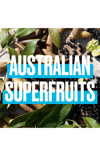 Australian Superfoods' sentence on the background with fruits and leaves