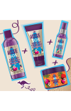 An image of 4 different Aussie products on the beige background with blue contour and purple doodle between them
