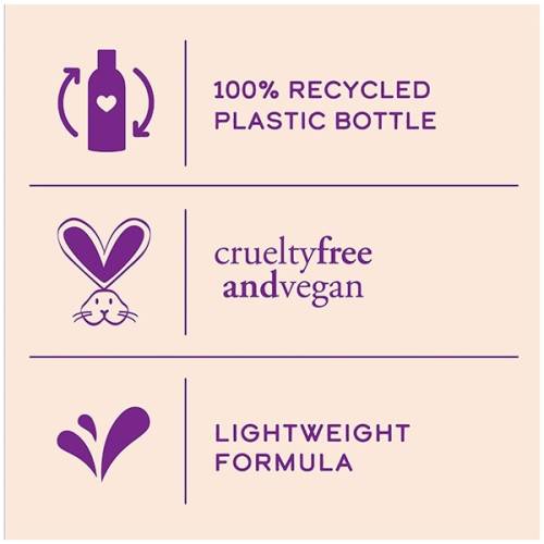 An infographic saying: cruelty free and vegan, 100% recycled plastic bottle, lightweight formula.